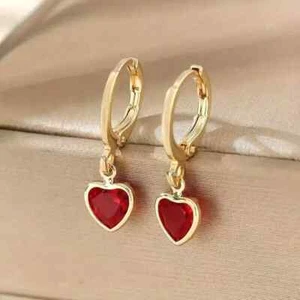 1.50 Ct Heart Cut Red Garnet Dangle and Drop Earrings In 14K Yellow Gold Plated - Picture 1 of 6