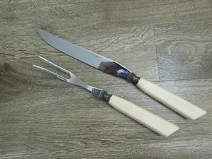 Cattaraugus Vintage MEAT FORK AND CARVING KNIFE Cream Slanted Handle 12.5" Long - Picture 1 of 9