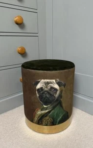 Quirky Stool - Pug Dog wearing Vintage Clothes - Green Velvet Gold Base - Picture 1 of 7