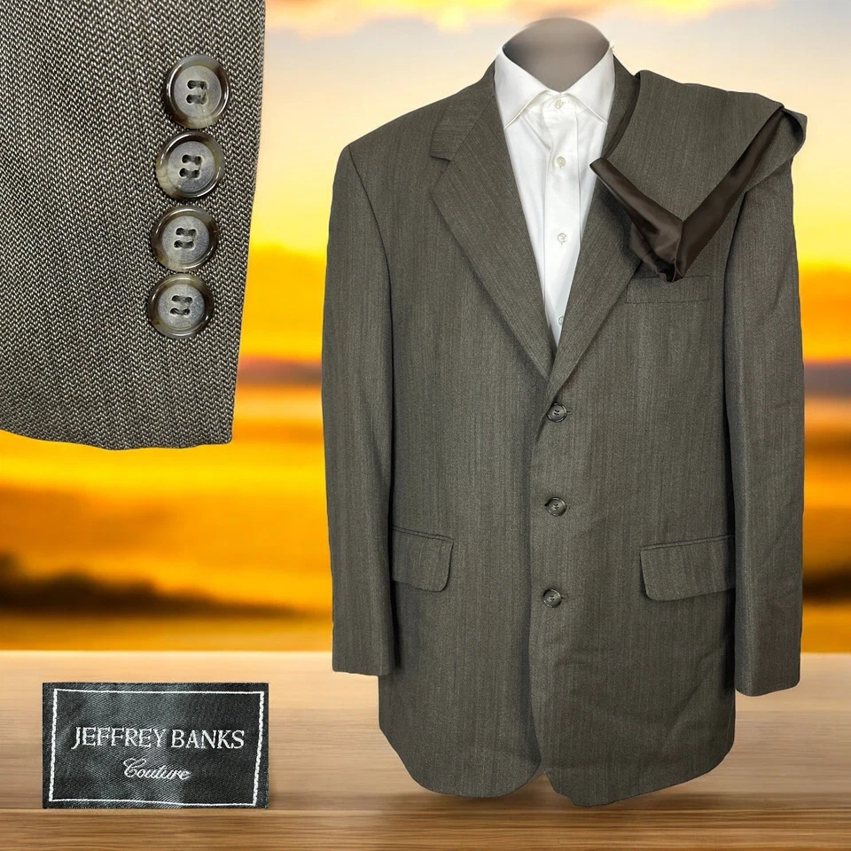 Jeffrey Banks Couture 2 件套男式 44R 棕色纯色羊毛三扣 — 第 1/4 张图片