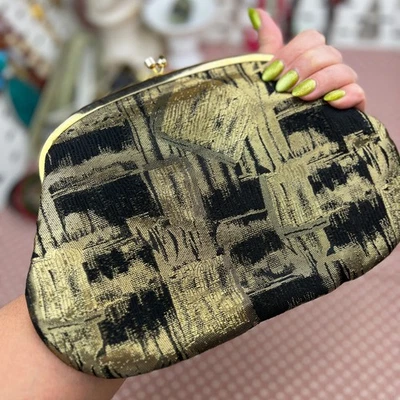 Vintage Koret Brocade Black & Gold Lamé Purse with 2 Built-in Wallets, RARE - Image 1 of 4