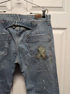 Vtg Scrambler  Lucky Jeans Size  34"X32" Blue  Back Belt  Distressed Stain  - Picture 1 of 18