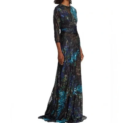 Teri Jon by Rickie Freeman Womens Blue Black Floral Chiffon Velvet Ball Gown 8 - Image 1 of 4