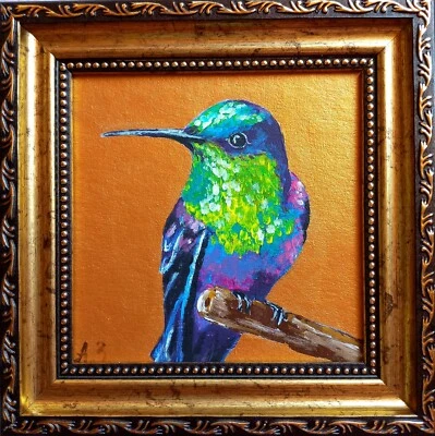Hummingbird Colibri Painting Original Framed Art Bird Painting Small Artwork - Image 1 of 4