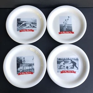 Vintage Pottery Barn Baseball 8” Stoneware Play Ball Photo Plates Set Of 4 - Picture 1 of 9