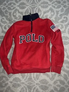 Polo Ralph Lauren USA Flag 1/4 Zip Pullover Red Knit Sweater Kids Size 10/12 - Picture 1 of 5