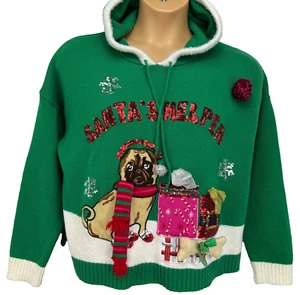 IT'S OUR TIME Hooded Womens Ugly Christmas Sweater Green PUG DOG Santas Helper - Picture 1 of 15