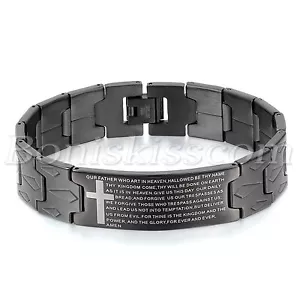 Men's Black Stainless Steel Cross English Bible Lords Prayer Bracelet Chain Link - Picture 1 of 5