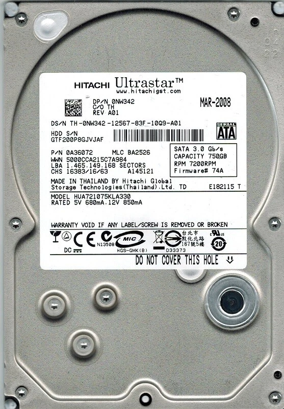 HUA721075KLA330 Hitachi/Dell Ultrastar 750GB 7200RPM SATA II 3G 3.5" HDD NW342 - Image 1 of 1