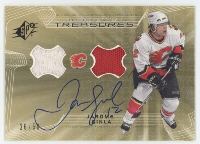 2001-02 UD SPX Jarome Iginla Hockey Treasures Jersey Auto /50 Gold #ST-JI - Image 1 of 2