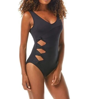 Carmen Marc Valvo L73902 Black Twisted Tides V-Neck One-Piece Swimsuit Size 14 - Image 1 of 4