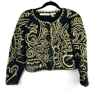 Maglione cardigan vintage Michael Simon nero oro Regencycore con perline ricamate S - Foto 1 di 10
