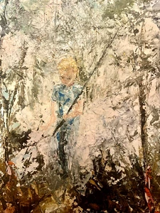 Jess E. Saunders Original Painting Abstract Modern, Boy Going Fishing Signed oil - Picture 1 of 9