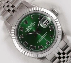 Rolex Lady Datejust 26mm Stainless Steel Watch-Green Roman Dial-18k Fluted Bezel - Picture 1 of 5