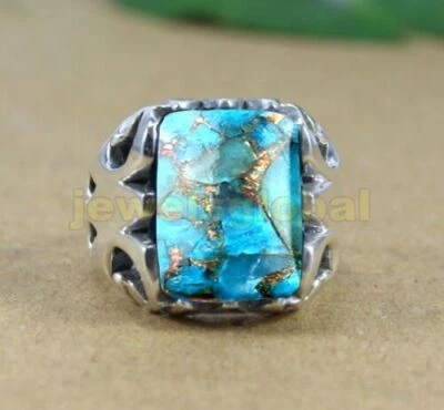 Solid 925 Sterling Silver Natural Blue Turquoise Gemstone Wedding Men's Ring - Image 1 of 4