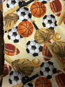 Sports Themed Brown Cotton Flannel Fabric 2 Yards 3” Boy Baby Balls Bats Gloves - Picture 1 of 3