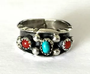 Gorgeous Tribal Turquoise Coral Signed DB Sterling Navajo Ring Band Sz 6.5 - Picture 1 of 7
