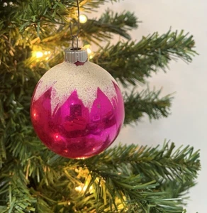 Vintage Shiny Brite Hot Pink Mica Snow Capped Ornament - Picture 1 of 10