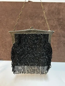 Antike Perlen Flapper Geldbörse Art Deco Handtasche mit Messingrahmen & Fransen - Bild 1 von 10