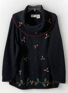 Vintage Basic Editions cowl neck embroidered holly & gold beads tunic sweater XL - Picture 1 of 9