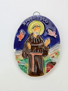 Religiöser Heiliger Franziskus Relief Handarbeit Weihnachtsschmuck glasierte Keramik 3,25" - Bild 1 von 2