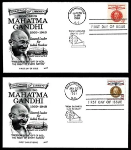 USA, SCOTT # 1174-1175, SET OF 2 FLEETWOOD FDC COVERS OF 1961 MAHATMA GANDHI - Picture 1 of 3