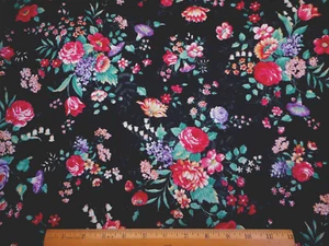 Floral Chintz Fabric By Yard Red Purple Green on Black Polish Cotton #C - Picture 1 of 2