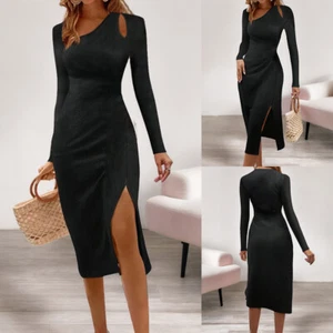 Sexy Women Hollow V Neck Side Split Midi Dress Long Sleeve Cocktail Party Dress - Picture 1 of 17