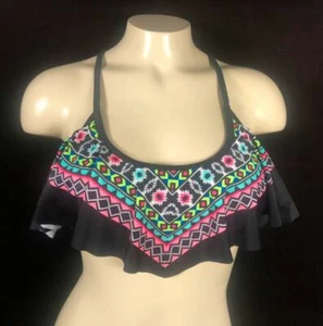 California Waves Aztec Ruffled / Knotted Back Bikini Top, Black / Multi, Large - Picture 1 of 2