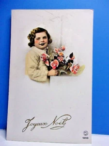 Joyeux Noel Christmas RPPC Tinted Little Girl Flowers PC Paris 4899 Antique PC - Picture 1 of 2