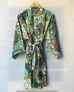 Floral Bath Robe Full Length 3/4 Sleeves Grey 100% Cotton women Kimono Dress - Picture 1 of 7