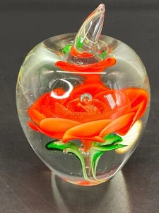 Red Rose Art Glass Apple Flower Paperweight Bubbles Hand Blown - Picture 1 of 10