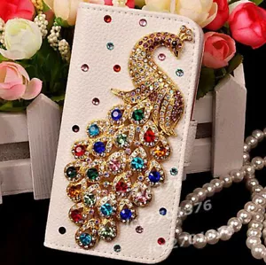 Luxury Bling Diamond Crystal Peacock Leather slots Flip Wallet Phone Cover Case - Picture 1 of 14