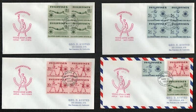 Filipinas #610-612 Segundos Juegos Asiáticos Conjunto de 3 Bloques de 4 FDC's Cachet G5359 Foto 1 de 2