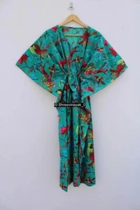 Indian Aqua Long Bird Print Cotton Hippie Maxi Women Nightwear Caftan Dress - Picture 1 of 6