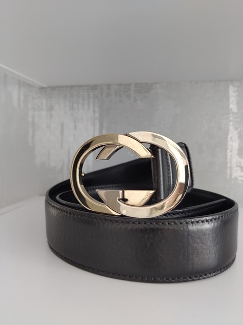 Gucci Wide Black Leather Belt with Gold GG Logo Buckle ref.942234