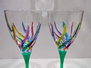 CC ZECCHIN MURANO Wine Glass, Rainbow Swirl Pattern 8-1/8” Tall, Set of 2 - Picture 1 of 4