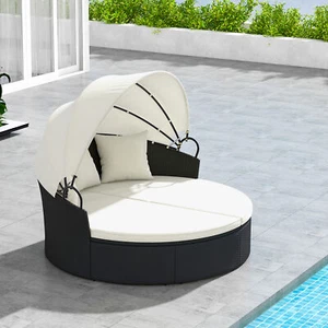 Patio Round Daybed Wicker Daybed w/ Retractable Canopy Separated Seating - Picture 1 of 9