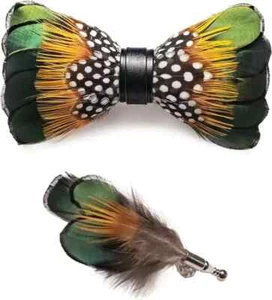 Handmade Feather Pre-Tied Bow Tie and Brooch Sets for Men - Picture 1 of 6