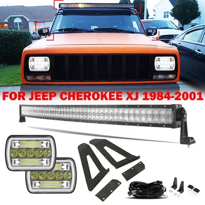 50" Curved LED Light Bar + Headlights + Mount Bracket for Jeep Cherokee XJ 84-01 Foto 1 de 4