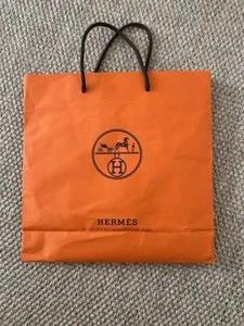 HERMÈS AUTHENTIC SMALL ORANGE PAPER SHOPPING GIFT BAG W/ BROWN FABRIC HANDLES - Picture 1 of 10