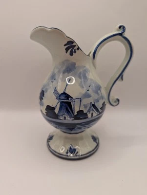 Vintage Delft Holland Hand Painted Small Blue and White Pitcher Windmill Design  - Image 1 of 4