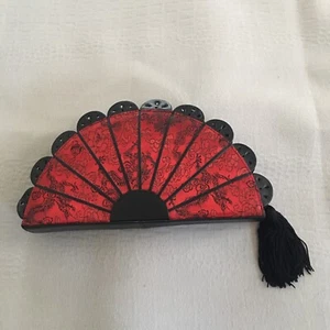 Vintage Chico’s Purse Clutch Large Oriental Fan Shaped Genuine Leather Trim - Picture 1 of 16