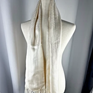 VINTAGE CREAM SILK OPERA FRINGE SCARF - Picture 1 of 8