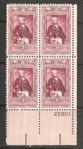 1957 US Scott #1097 La Fayette 3c Plate Block of 4 MNH OG - Picture 1 of 1
