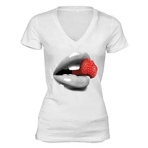 Red Lips Strawberry T-shirt Sexy Girl Tongue Lick Tshirt Fruit Yoga Gym Tee - Picture 1 of 1