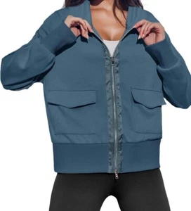 Women's Zip up Sweatshirt Collared Neck Long Sleeve Jacket with Pockets Sz M - Picture 1 of 11