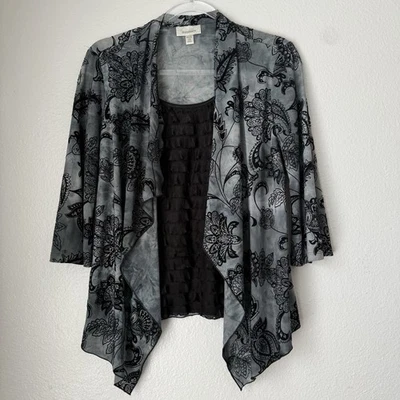 Dressbarn Cardigan Top Black Velvet Burnout Whimsigoth Dark Goth Vintage PM - Image 1 of 4