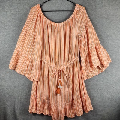 Vestido Blue Island Para Mujer Grande Naranja Rayas Manga Campana Boho Borla Playa Mini Foto 1 de 4