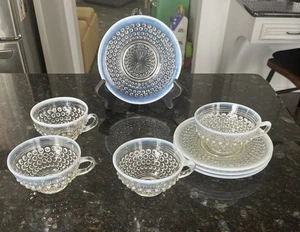Vntg Fenton Moonstone Opalescent Glass Hobnail Set Of 4 Cups & Saucers, VGC - Picture 1 of 6